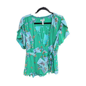 Anthropology Meadow Rue Green Peplum Top w/ Summer French Print Size 14 / Large